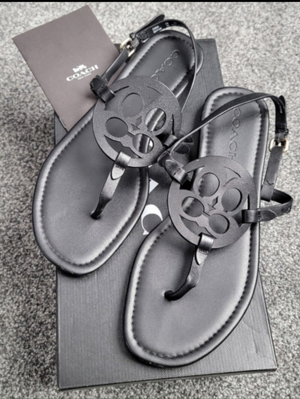 Coach Black Leather Logo Cutout Thong Sandals